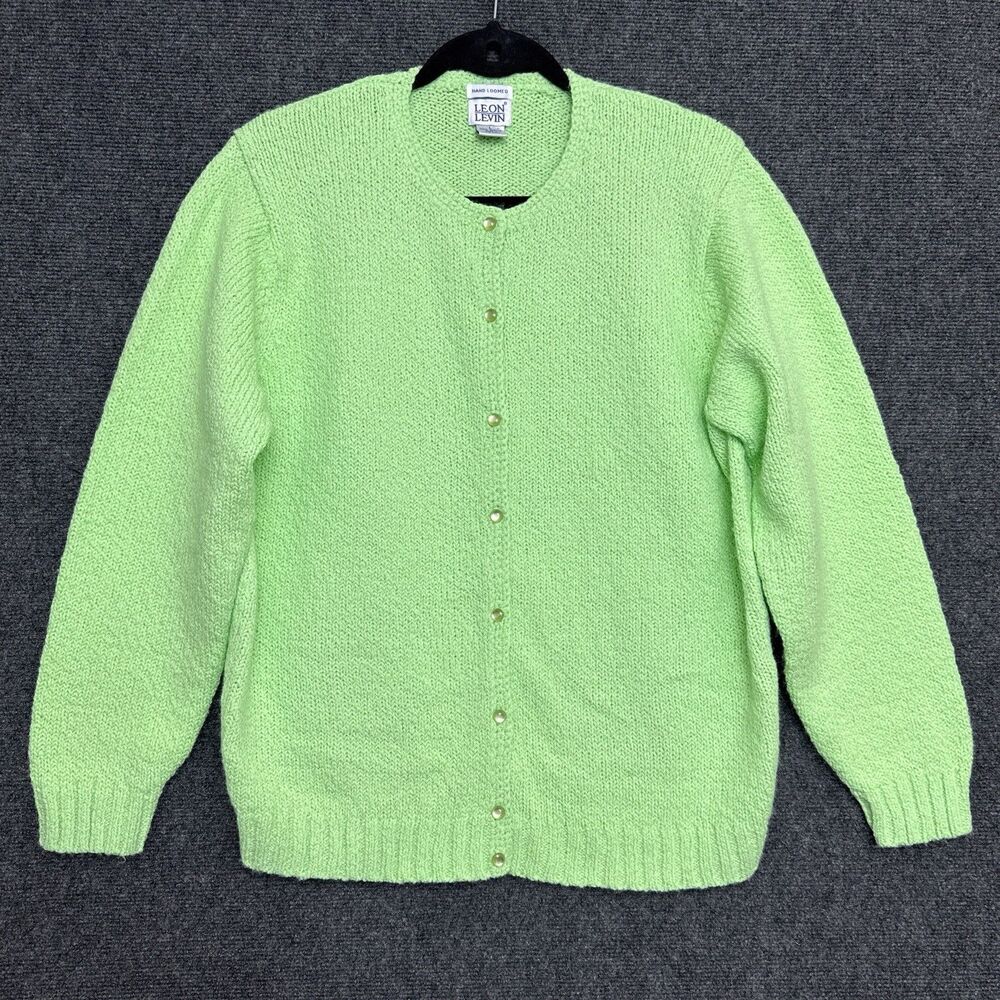 VTG Leon Levin Cardigan Hand Loomed Acrylic Pastel Green Pearlized Button Twee L